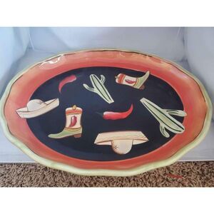 18"x"14" Clay Art Southwest Platter Hand Painted Cactus Cowboy Boot Cowboy Hat